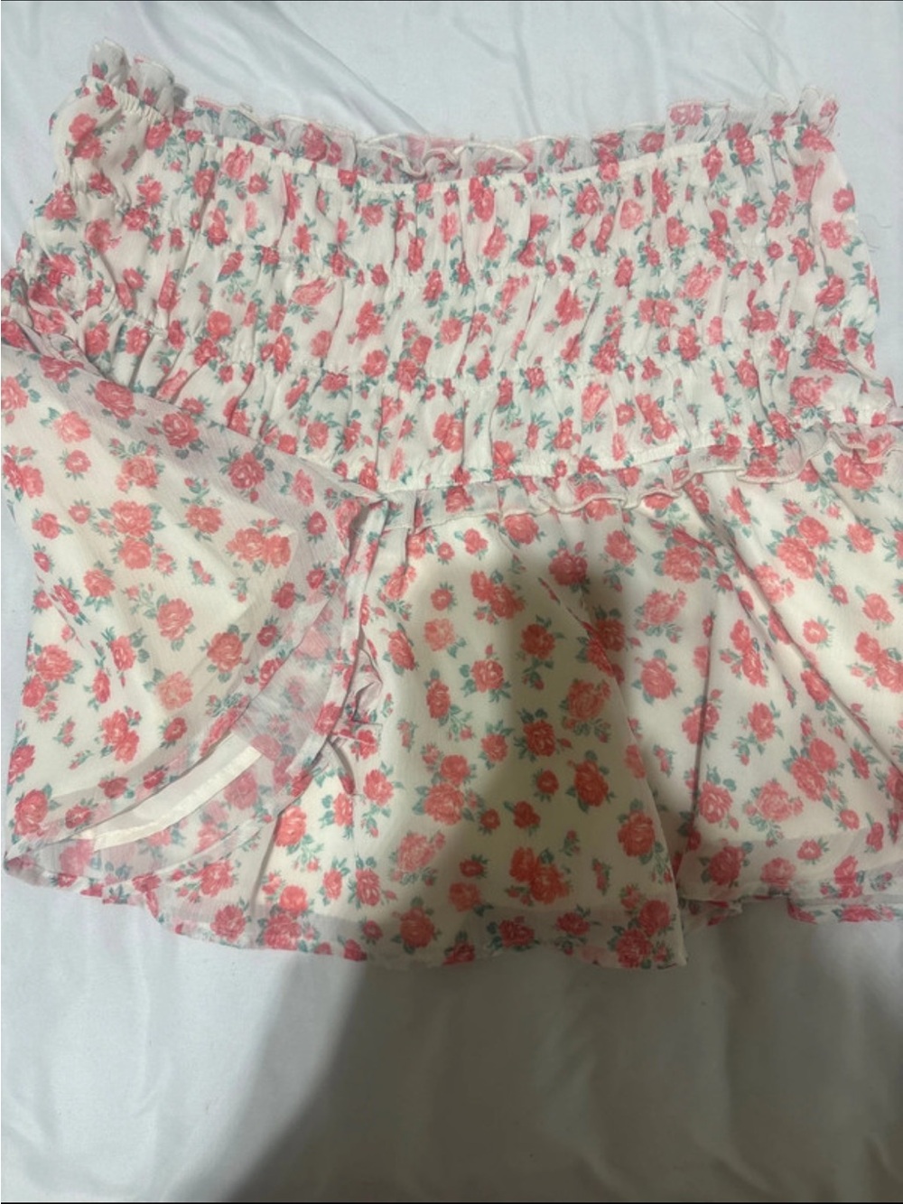 Pink Lily White Mini Skirt with Pink Rose Print